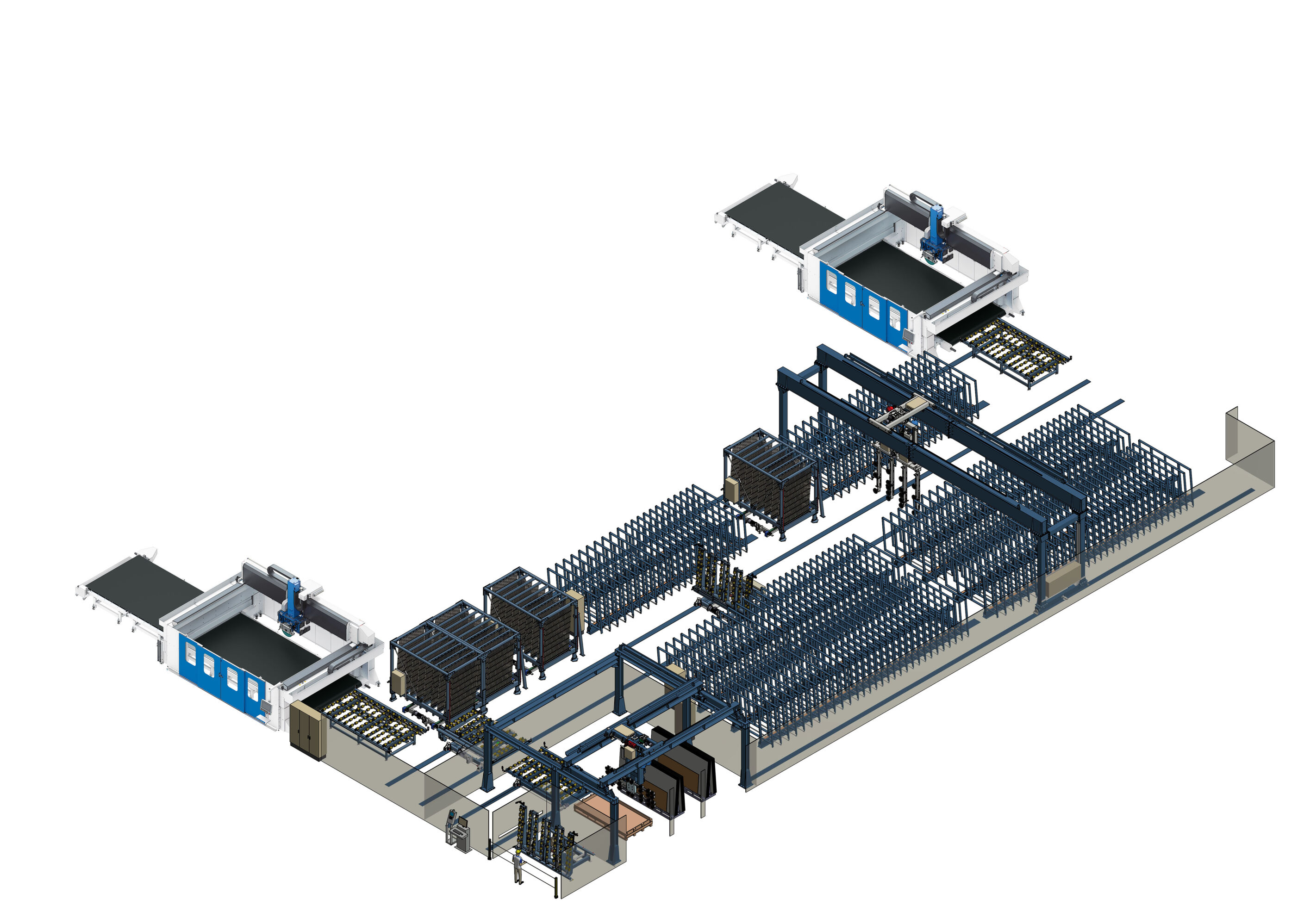 Cutting lines integrated with automatic storages for housing sheets of natural stone, composite stone and ceramic