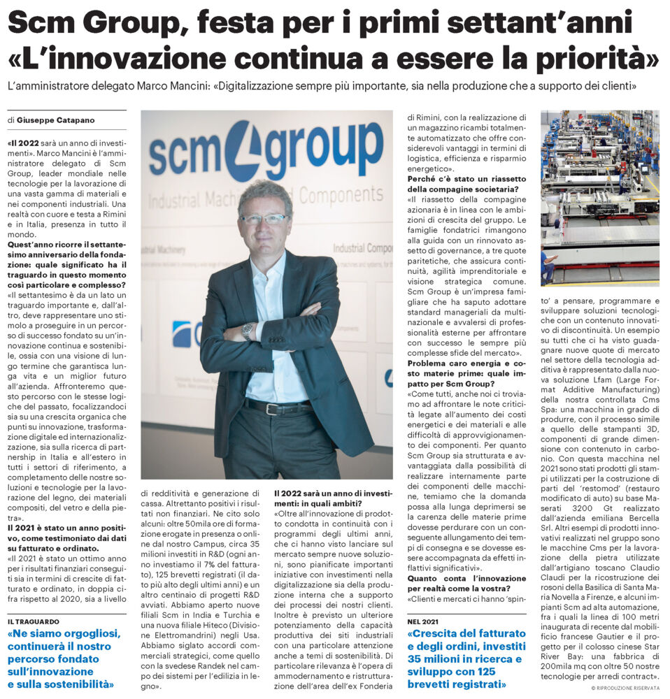 Scm Group festeggia 70 anni. intervista all’ad Marco Mancini su “TOP 500” - Il Resto del Carlino