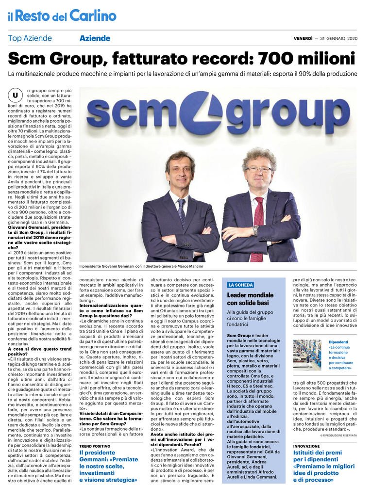 Scm Group, record turnover of 700 million. The interview with Giovanni Gemmani on "Top Aziende"